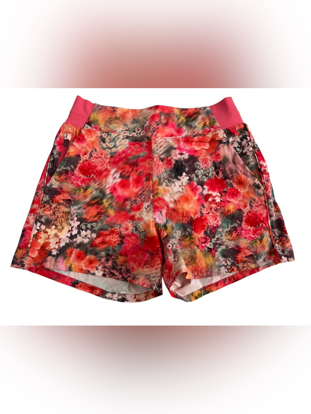 Athleta Floral Print Athletic Shorts with Coral Waistband
